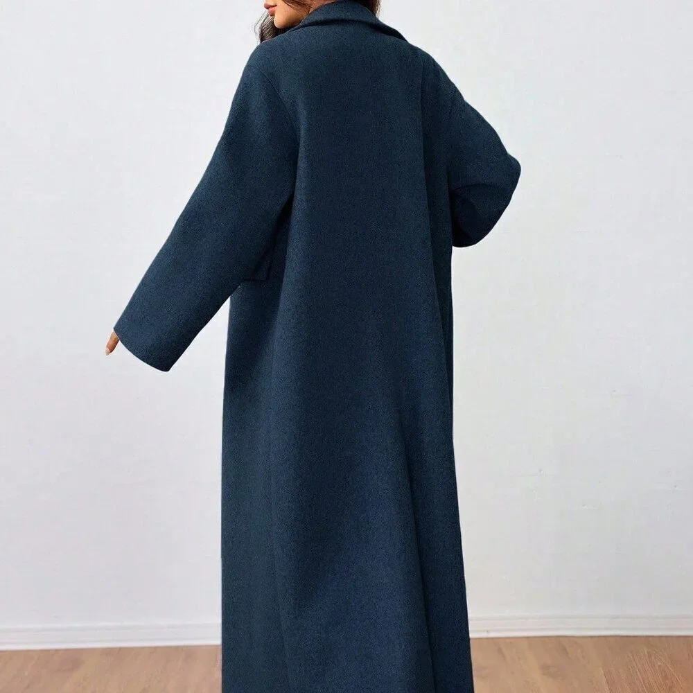 Navy Blue Casual Women's Lapel Long Coat